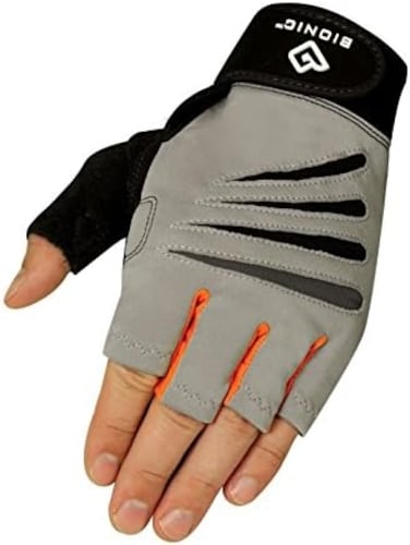 قفازات رجالي من Bionic Glove بدون أصابع متقاطعة مع تقنية ملائمة طبيعية، رمادي/برتقالي (زوج)