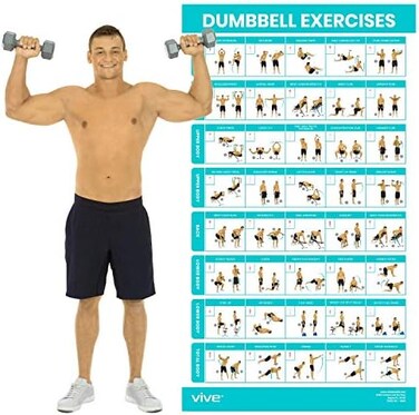 Vive Dumbbell Exercise Poster Home Gym Workout For Upper Lower Full Body Laminated Bodyweight Chart For Back Arm Core And Legs Free Weight Building Guide For Elderly