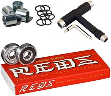Bones Super Reds Bearings, 8 Pack Set with Spacers, Speed Rings, and T-Tool