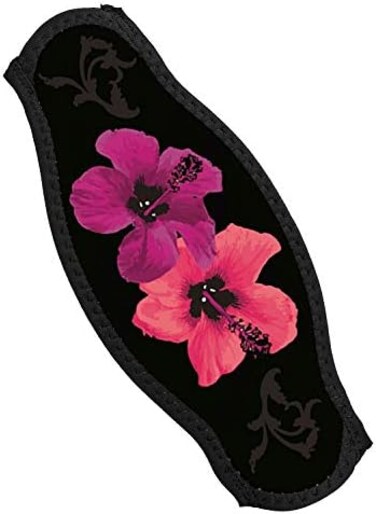 Innovative Scuba Concepts New Comfortable Neoprene Strap Wrapper for Your Diving &amp; Snorkeling Mask - Pink Hibiscus on Black Background