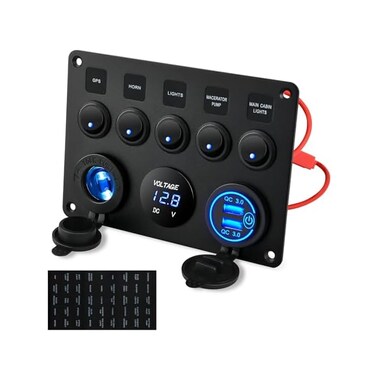 كوهري لوحة مفاتيح روكر 5 جانج 12 فولت مقاومة للماء لوحة مفاتيح LED الومنيوم رقمية عرض الفولتميتر كيو سي 3.0 منفذ شاحن USB مزدوج مقبس تيار مستمر 12/24 فولت لمركبات ار في والقوارب والسيارات والشاحنات