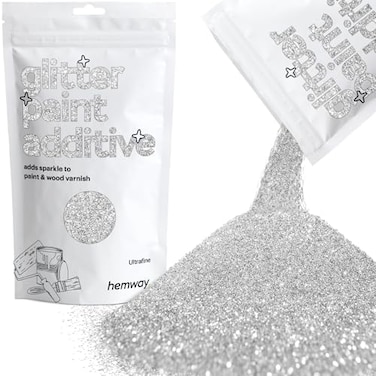 Hemway Glitter Paint Additive Glitter Crystals for Acrylic Paint, Interior &amp; Exterior Walls, Wood, Varnish, Furniture, Matte, Gloss, Satin, Silk - 100g / 3.5oz - Silver