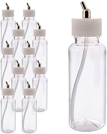 Master Airbrush (Pack of 10) TB-009 Empty 3.4-Ounce (100cc) Plastic Jar Bottles with 30&deg; Down Angle Adaptor Lid Assembly - Fits Dual-Action Siphon Feed Airbrushes, Use with Master Badger Paasche Iwata