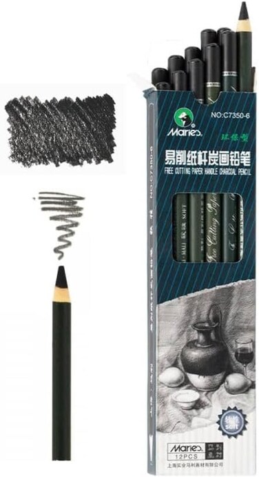 ماريز مجموعة اقلام رصاص فحمية من ارتيست مكونة من 12 قطعة بمقبض ورقي اسود ناعم للرسم والرسم