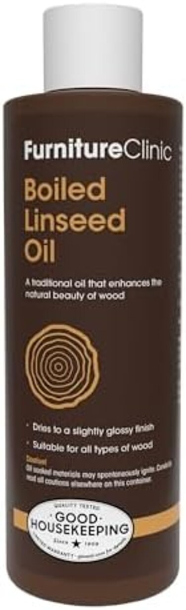 Furniture Clinic Boiled Linseed Oil for Wood Furniture &amp; More Restore a Finish for Furniture, Table Tops, Stone &amp; Metal Wood Care for Interior Oak, Pine, Teak &amp; More Glossy 8.5oz Refined Oil