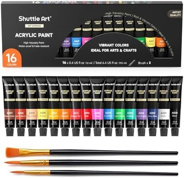Shuttle Art Acrylic Paint Set, Shuttle Art 16 x12ml Tubes Artist Quality Non Toxic Rich Pigments Colors Great for Kids Adults Professional Painting on Canvas Wood Clay Fabric Ceramic Crafts