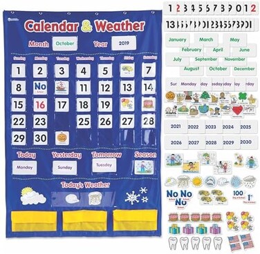 Learning Resources Calendar &amp; Weather Pocket Chart, Calendar for Kids, Classroom Supplies, Homeschool, Set of 136, Ages 3+
