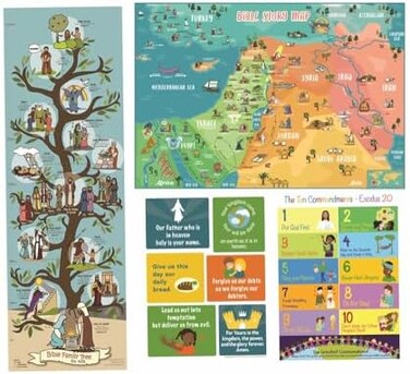 ملصقات الكتاب المقدس للاطفال (مجموعة من 4 قطع) صلاة الرب وعشر وصايا وخريطة الكتاب المقدس وشجرة العائلة - التاريخ والفن المسيحي للكنيسة المنزلية او مدرسة الكتاب المقدس يوم الاحد