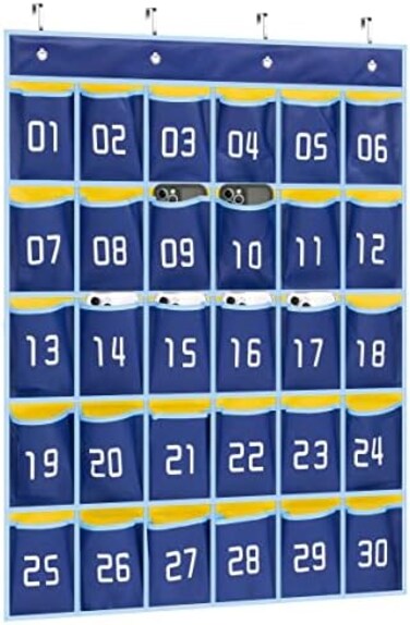 MISSLO Classroom Cell Phone Calculator Holder Numbered 30 Pockets Chart Hanging Wall Door Storage Organizer (Blue)