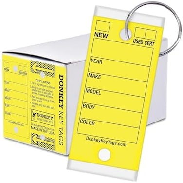 Donkey Auto Products Key Tags, Laminated Self-Protecting (250 Tags Per Box with Metal Rings) (Yellow)