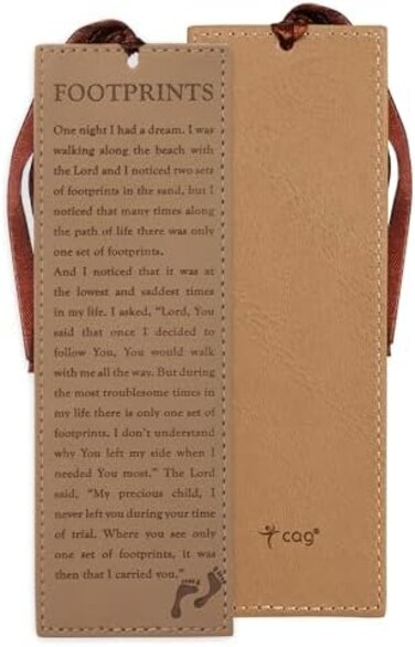 Christian Art Gifts Vegan Faux Leather Scripture Bookmark for Men and Women: Footprints in The Sand - Inspirational Poem Heat-Debossed, Faith-Based Reading Book Accessory with Ribbon Tassel, Brown
