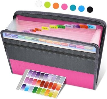 Sooez Accordion File Organizer with Safe Zipper, 12 Pocket Expanding File Folder with Front Pencil Pouch, Portable Monthly Paper Bill Tax Receipt Organizer, School Office Supplies, Letter Size, Pink