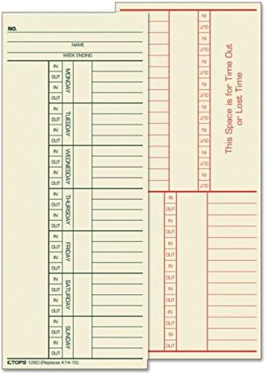 TOPS Time Cards, Weekly, 2-Sided, Named Days, 3-3/8" x 8-1/4", Manila, Green/Red Print, 500-Count (1260)