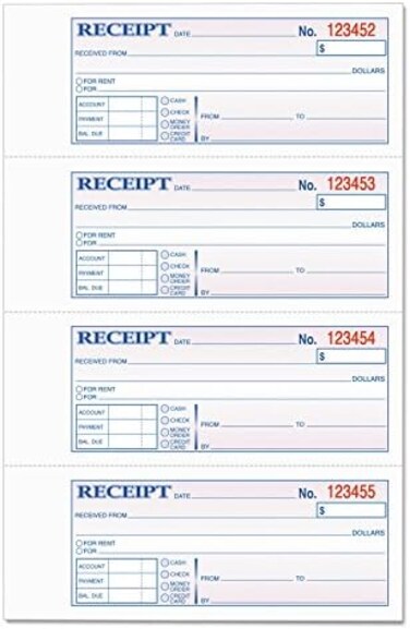 TOPS Money Receipt Book, 2-Part, Carbonless, 2-3/4 x 7-1/8 Inches, 4 Receipts per Page, 400 Sets per Book (46816)