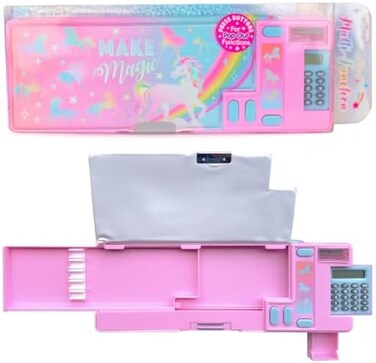 Hot Focus Unicorn Pencil Case &ndash; Cool Multifunction Mechanical Pencil Box for Girls, 2 Compartments w/Pop-Out Calculator &amp; Sharpener, Unique Stationery Set, Perfect Stationery Gift for Kids &amp; Teens.