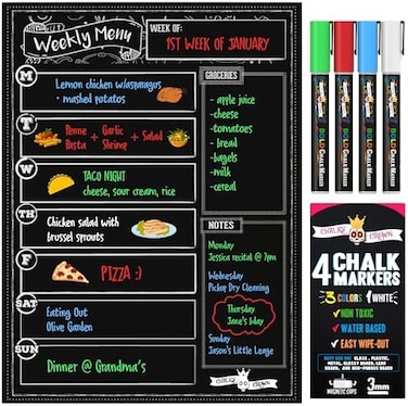 Chalky Crown Magnetic Dry Erase Menu Board for Fridge Includes 4 Liquid Markers - Weekly Meal Planner Blackboard, Grocery List and Notepad for Kitchen Refrigerator - board Magnet