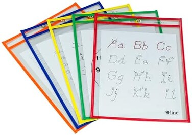 C-LINE Reusable Dry Erase Pockets, 9 x 12 Inches, Assorted Primary Colors, 5 Pockets per Pack (40630)