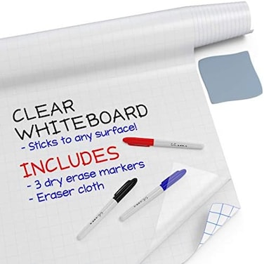 Kassa Clear Dry Erase Board Sticker - 18" x 78 (6.12.7 cm) 3 Dry-Erase Markers Included Transparent White Film for Refrigerator, Desk, Office Glass Whiteboard Wall Alternative