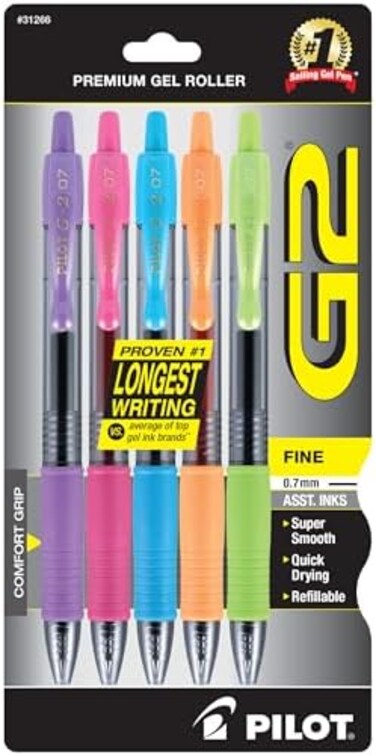 PILOT G2 Premium Refillable and Retractable Rolling Ball Gel Pens, Fine Point, Purple/Pink/Turquoise/Orange/Lime Inks, 5-Pack (31266)