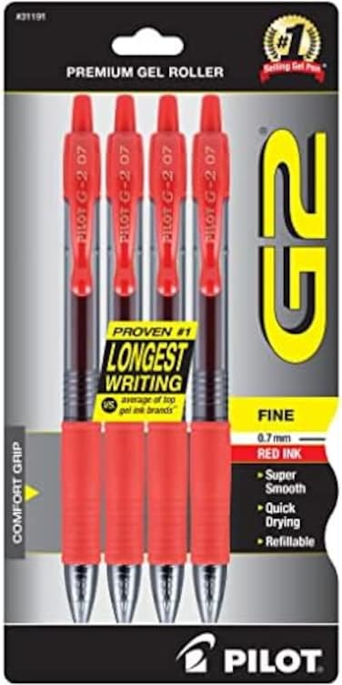 Pilot, G2 Premium Gel Roller Pens, Fine Point 0.7 mm, Red, Pack of 4