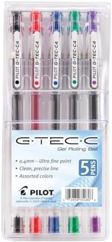 PILOT G-Tec-C Gel Ink Rolling Ball Pens, Ultra Fine Point (0.4mm), Black/Blue/Red/Green/Purple Inks, 5-Pack Pouch (35480)