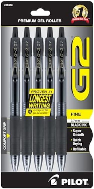 Pilot G2 Retractable Premium Gel Ink Roller Ball Pens, Fine Point, 5-Pack, Black Ink (31078)