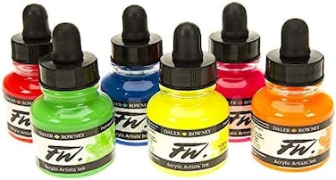 Daler Rowney FW Fluorescent Acrylic Ink, Set of 6 Neon Colors (160329006)