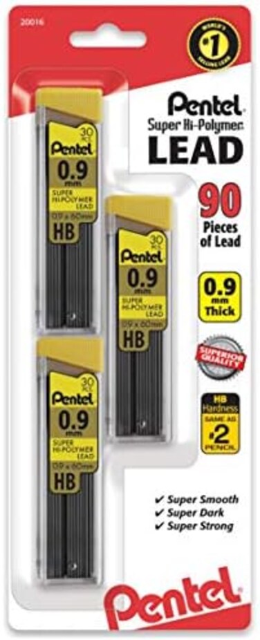 أربطة تحكم من Pentel Super Hi-Polymer، 0.9 مم، HB، 30 سلسلة لكل أنبوب، عبوة من 3 أنابيب