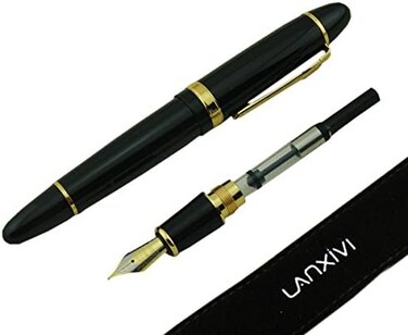 لانكسيفي قلم حبر 159 من جينهاو بلون اسود متوسط بحواف ذهبية كبيرة ثقيلة مع حافظة اقلام ومحول حبر لاعادة التعبئة، قلم جمع هدايا توقيع الاعمال