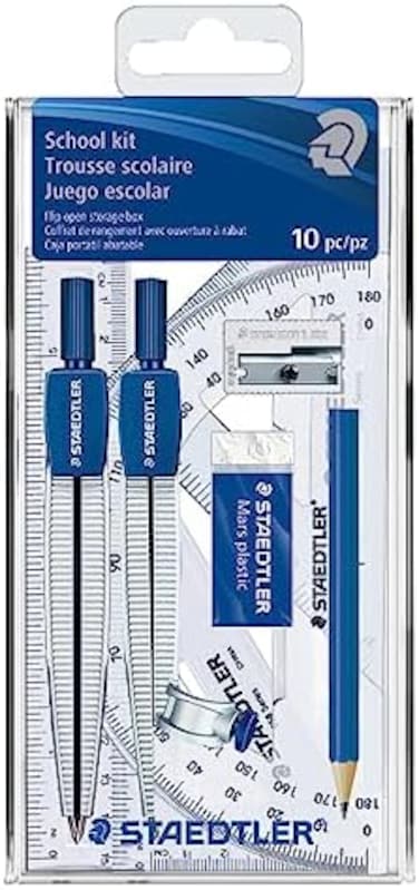 Staedtler 10-Piece Math School Geometry Set, Blue, Silver