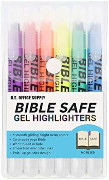 US Office Supply U.S. Bible Safe Gel Highlighters - 6 Bright Neon Highlight Colors - Won't Bleed, Fade or Smear - Study Guide