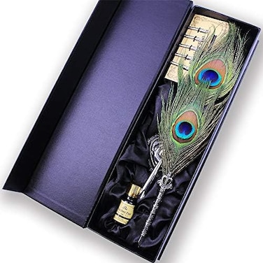 Featty Gifts Antique Peacock Feather Metal Nibbed Pen Writing Quill Dip Pen