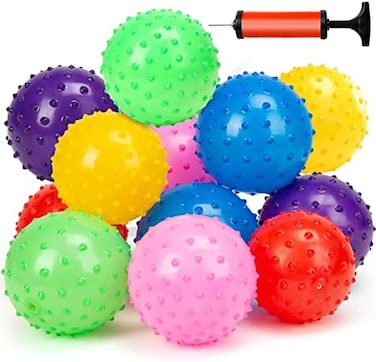 LoveInUSA Bounce Ball, 12 PCS Edushape Sensory Balls Knobby Party Balls Massage Balls with Air Pump Set 4.72