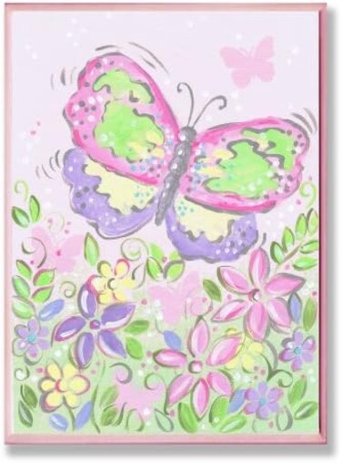 Stupell Industries Home Decor Collection Pastel Large Butterfly and Flowers Rectangle Wall Plaque