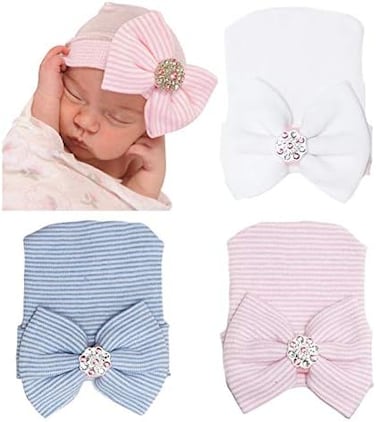 DRESHOW 3 Pcs Newborn Hospital Hat Infant Baby Hat Cap with Big Bow Soft Cute Knot Nursery Beanie (Blue, Pink, White)