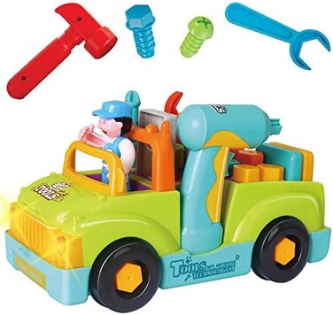 Liberty Imports Multifunctional Take Apart Toy Tool Truck With Electric Drill and Power Tools, Lights and Music, Bump and Go Action