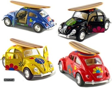 Kinsmart Set of 4 5 Classic Volkswagen Beetle with Decal and Surfboard 132 Scale (BlackBlueRedYellow)
