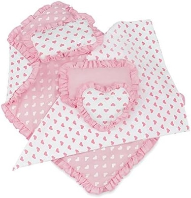 Emily Rose 18 Inch Doll Accessories   Reversible Pink Heart Print Ruffled Bedding Set with Comforter, 3 Pillows and Sheet   Fits American Girl Dolls
