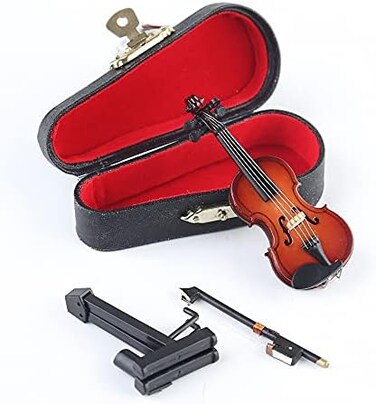 Seawoo Wooden Miniature Violin with Stand,Bow and Case Mini Musical Instrument Miniature Dollhouse Model Home Decoration (3.15"x1.18"x0.59")
