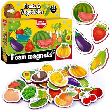 Little World Refrigerator Magnets for Kids - Fruits &amp; Veggies (31 Pcs) - Fridge Activity for Toddlers - Food Shapes - Foam Magnetic Set for Baby