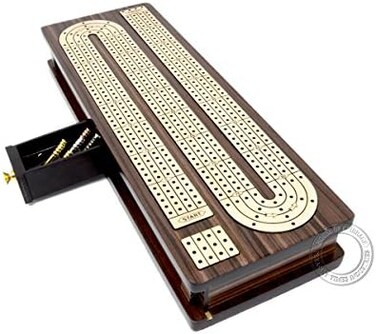 House of Cribbage Continuous Cribbage Board Inlaid 4 Tracks Rosewood/Maple with Sliding Lids and Drawer