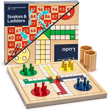 Yellow Mountain Imports Wooden Snakes and Ladders   Ludo Game Set, Reversible, 2 Games in 1