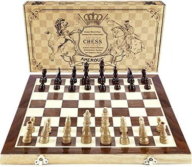 AMEROUS Chess Set, 15"x15" Folding Magnetic Wooden Standard Chess Game Board Set with Wooden Crafted Pieces and Chessmen Storage Slots