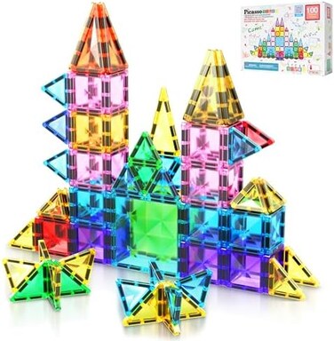 PicassoTiles 100 Pieces Magnetic Building Block Mini Diamond Series Travel Size On-The-Go Magnetic Construction Toy Set STEM Learning Set Playset Children's Brain Development Stacking Blocks PTM100