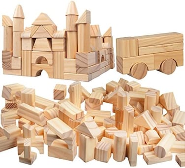 Right Track Toys Wooden Blocks - 100 Pc Wood Building Block Set with Carrying Bag and Container (Natural Colored) - 100% Real Wood