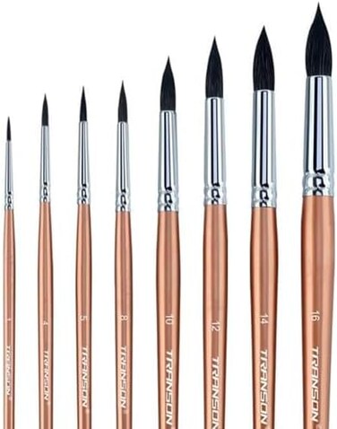 Transon Round Watercolor Detail Paint Brushes Goat Hair 8pcs for Watercolors,Acrylics,Inks,Gouache,Oil and Tempera