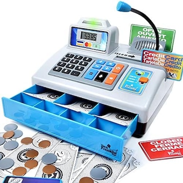 Ben Franklin Toys Dr. STEM Toys   Talking Toy Cash Register   STEM Learning 69 Piece Pretend Store with 3 Languages, Paging Microphone, Credit Card, Bank Card, Play Money and Banking for Kids, Silver