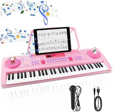 WOSTOO Kids Keyboard Piano, Portable 61 Keys Keyboard Electronic Digital Piano, Early Learning Educational Musical Piano Toy Keyboard for Beginners with Music Stand, Microphone (Pink) ﻿