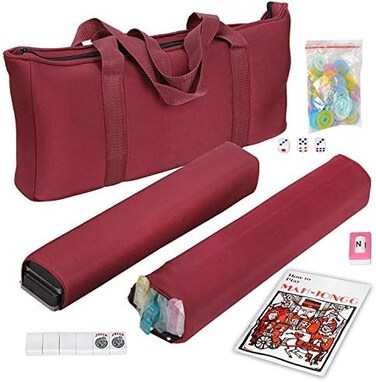 HNDTEK American Mah Jongg Mahjong Set 166 Tiles, 4 Colors All-in-One Rack/Pushers, Red Soft Bag and Accessories &ndash;Classic Full Size Complete Mahjongg Mah Jong Set