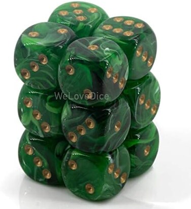 Chessex Dice d6 Sets: Vortex Green with Gold - 16mm Six Sided Die (12) Block of Dice